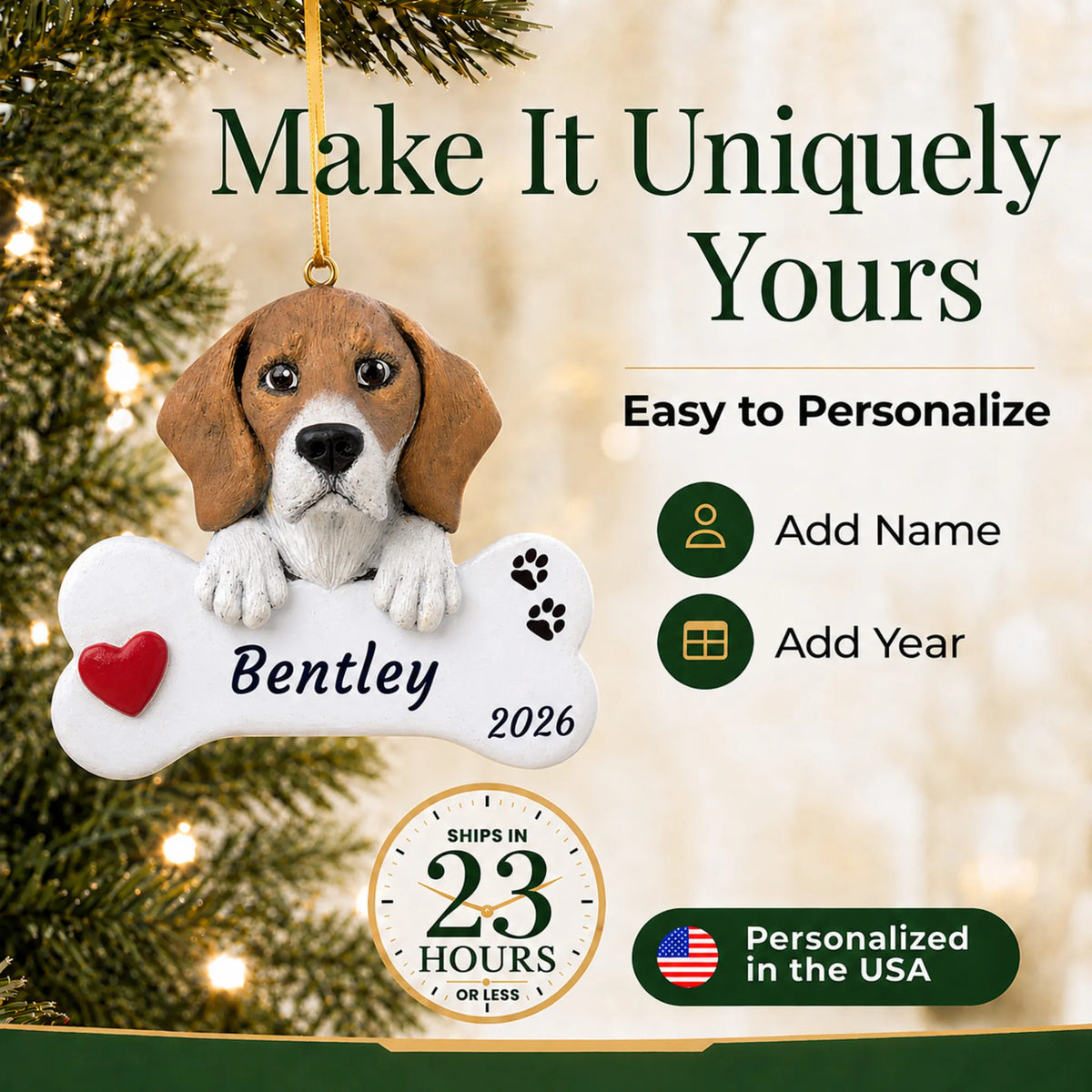 Make it yours: personalize the Beagle Dog Bone christmas ornament with your dog's name and the year