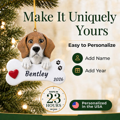 Make it yours: personalize the Beagle Dog Bone christmas ornament with your dog's name and the year