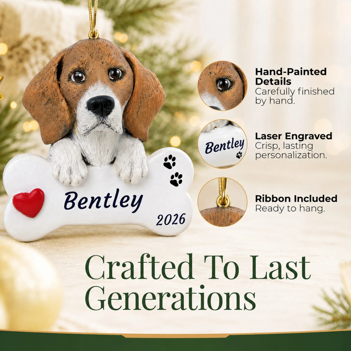 Hand-painted, laser engraved Beagle Dog Bone christmas ornament, ribbon included