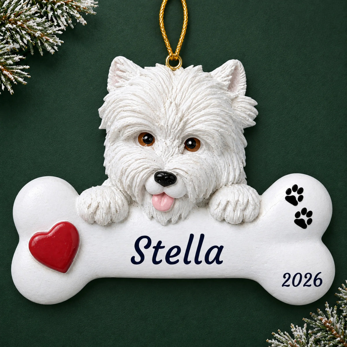 Personalized Westie Dog Bone christmas ornament on a dark green pine background