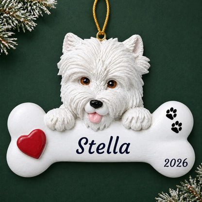Personalized Westie Dog Bone christmas ornament on a dark green pine background