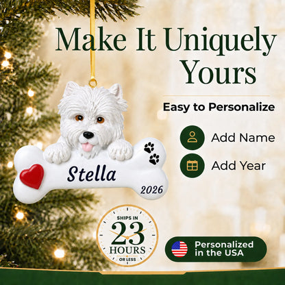 Make it yours: personalize the Westie Dog Bone christmas ornament with your dog's name and the year
