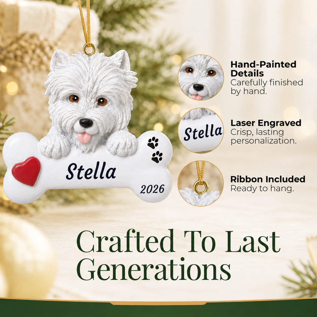 Hand-painted, laser engraved Westie Dog Bone christmas ornament, ribbon included