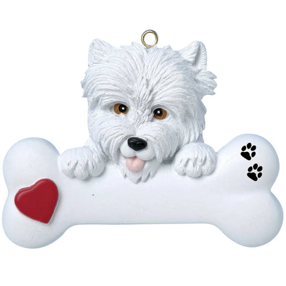 Personalized Westie dog bone Christmas ornament shown blank, ready for your dog's name and year