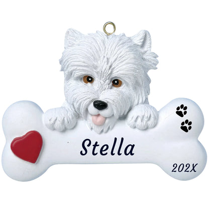 Personalized Westie dog bone Christmas ornament, a white West Highland terrier on a white bone, red heart, name and year