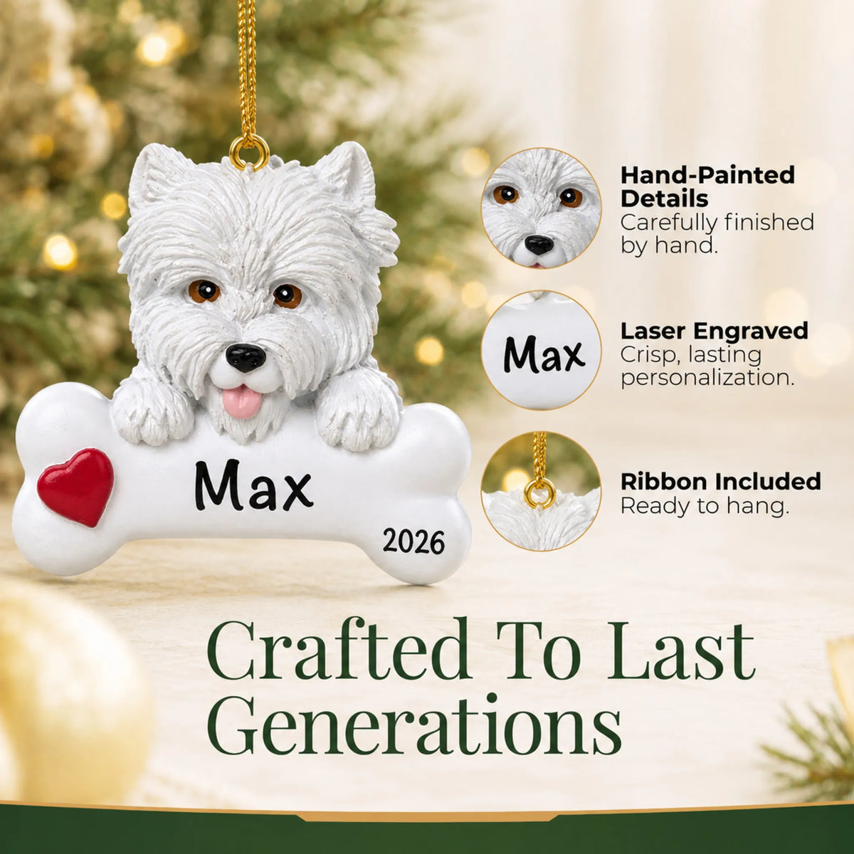 Close-up of the personalized Westie Christmas ornament showing hand-painted details and laser engraving