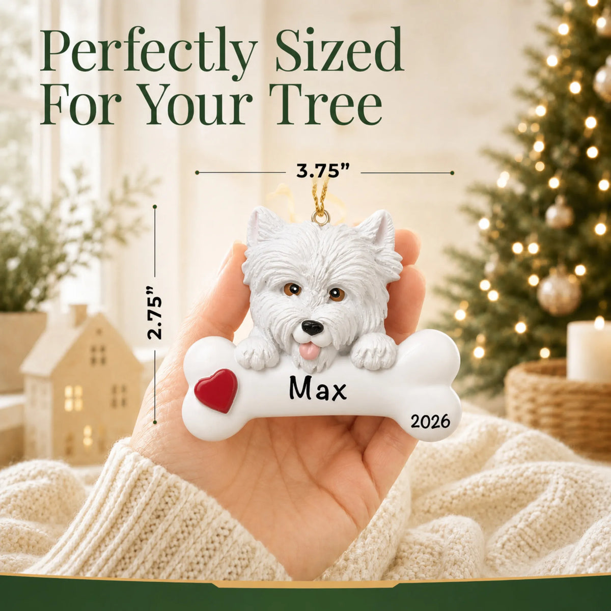 Hand holding the personalized Westie Christmas ornament to show its 3.75 inch width