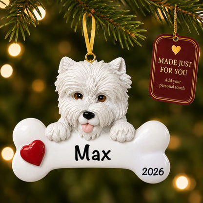 Personalized Westie Christmas ornament hanging on a lit tree beside a Made Just For You tag