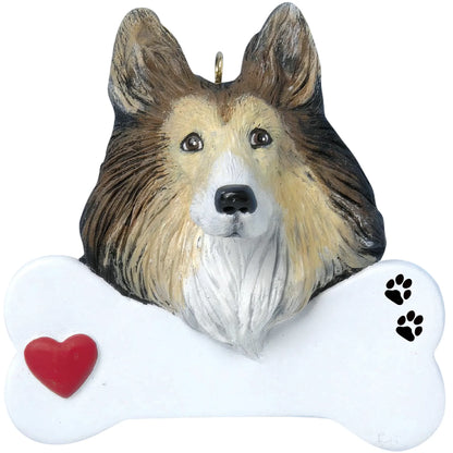 Personalized collie dog bone Christmas ornament shown blank, ready for your dog's name and year