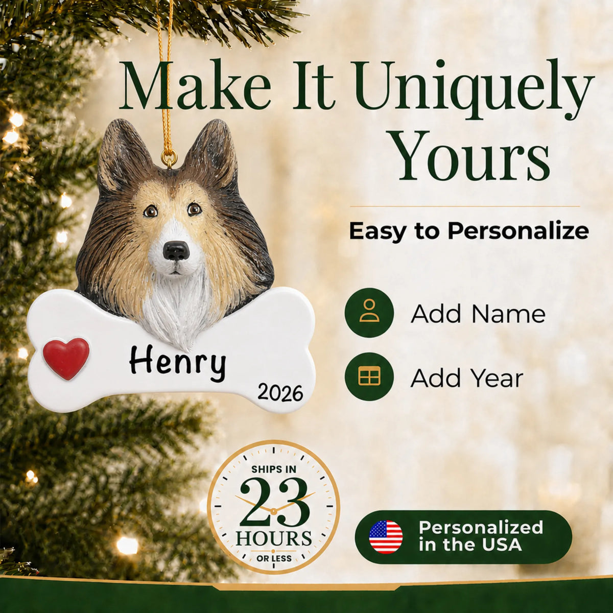 Personalized collie Christmas ornament with name and year options, ships in 23 hours, made in the USA
