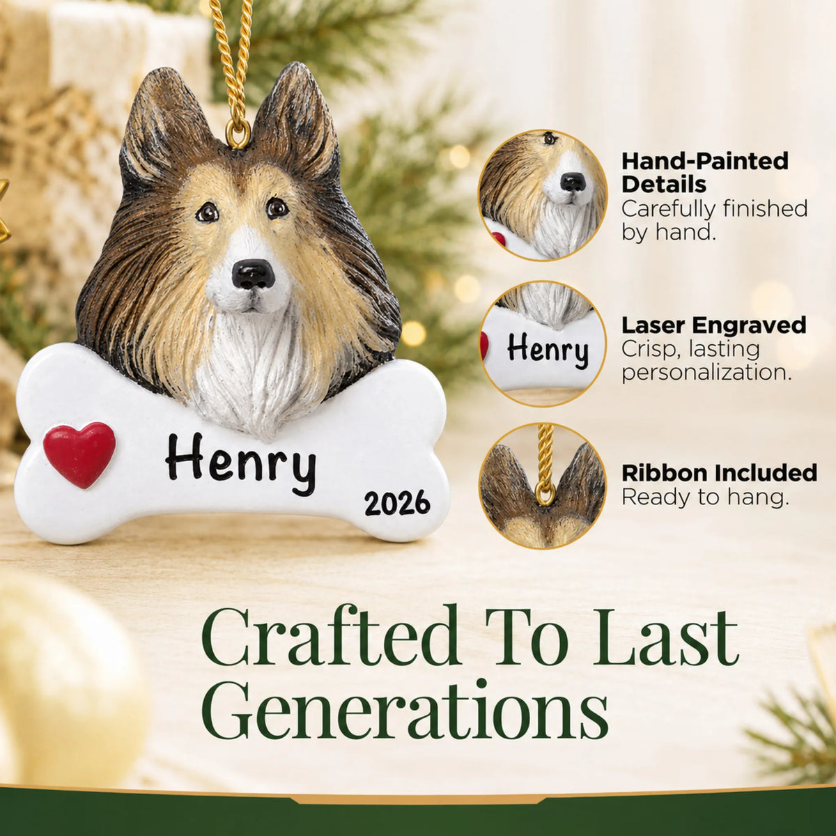 Close-up of the personalized collie Christmas ornament showing hand-painted details and laser engraving