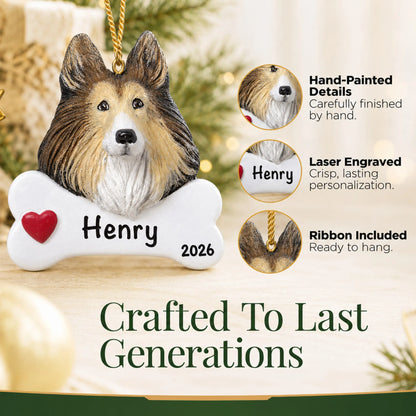 Close-up of the personalized collie Christmas ornament showing hand-painted details and laser engraving
