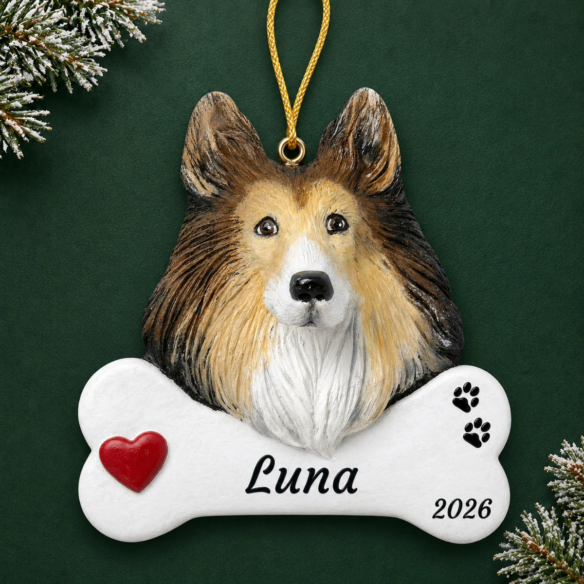 Personalized Collie Dog Bone christmas ornament on a dark green pine background