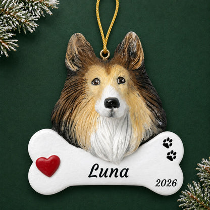 Personalized Collie Dog Bone christmas ornament on a dark green pine background