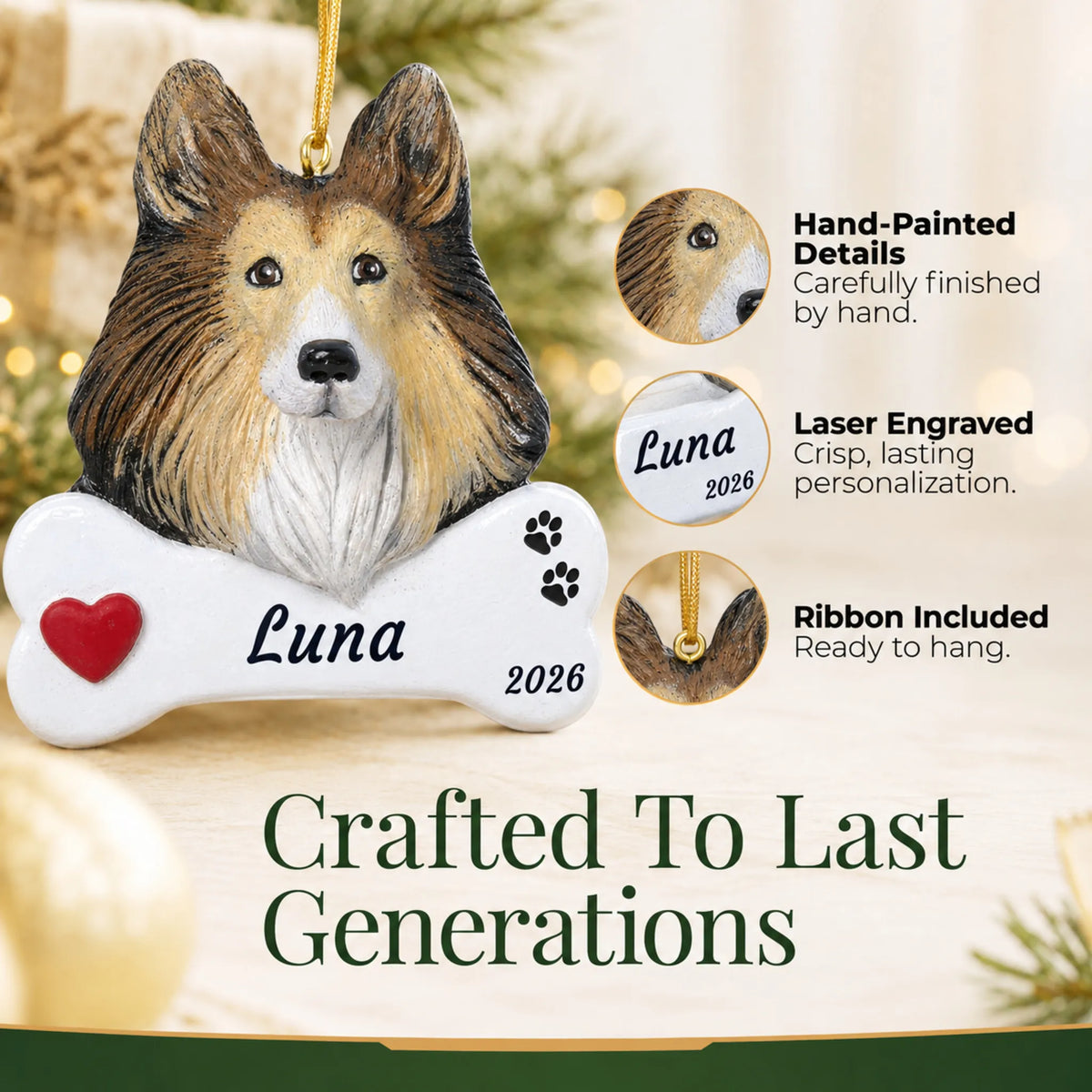 Hand-painted, laser engraved Collie Dog Bone christmas ornament, ribbon included