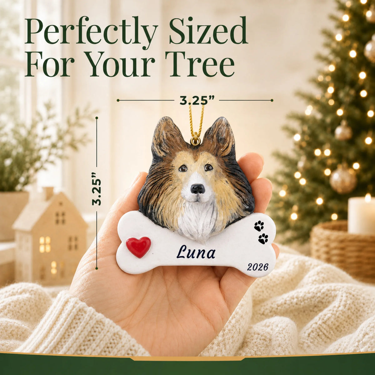 Size guide: the personalized Collie Dog Bone christmas ornament is 3.25 in wide by 3.25 in tall, shown in hand