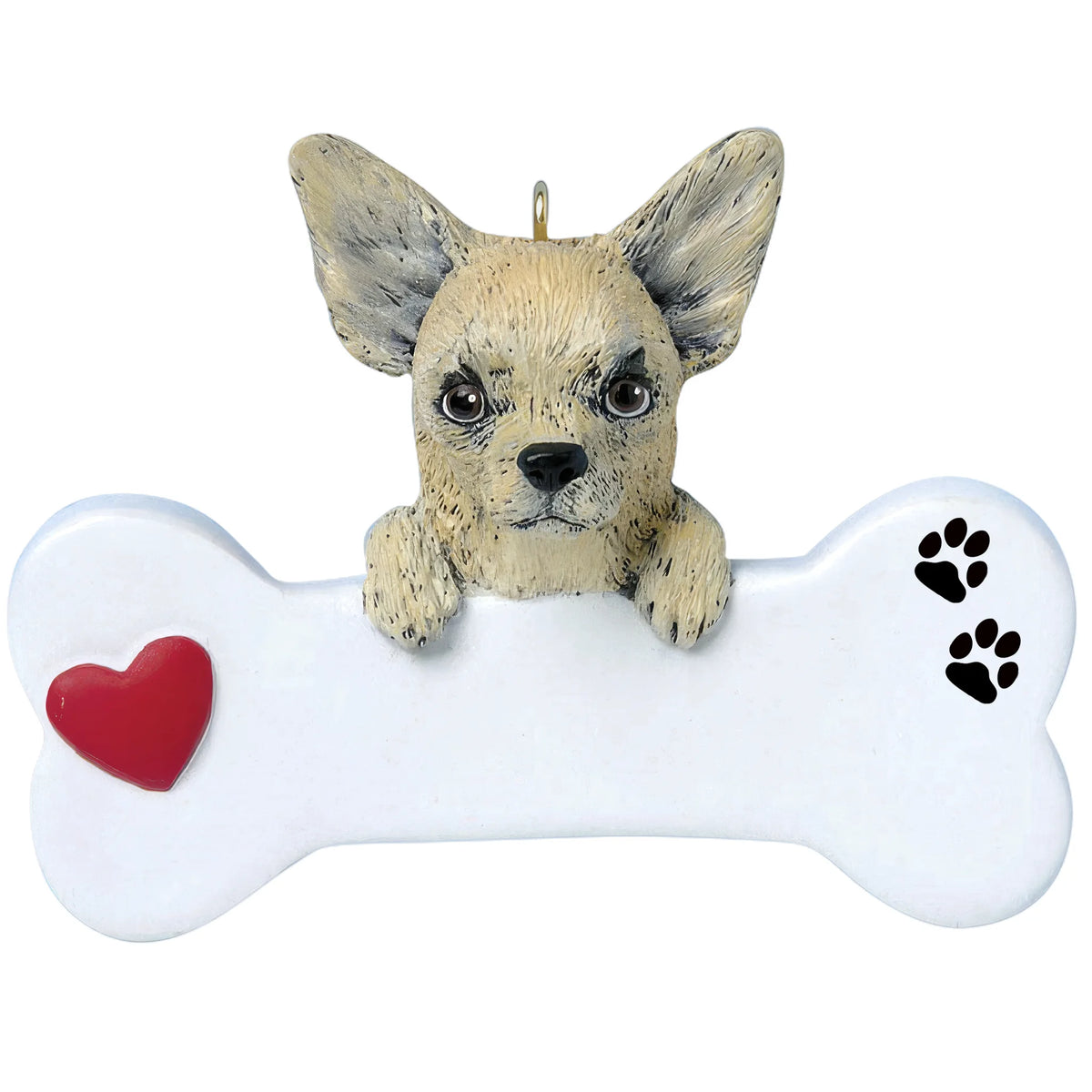Personalized Chihuahua dog bone Christmas ornament shown blank, ready for your dog's name and year