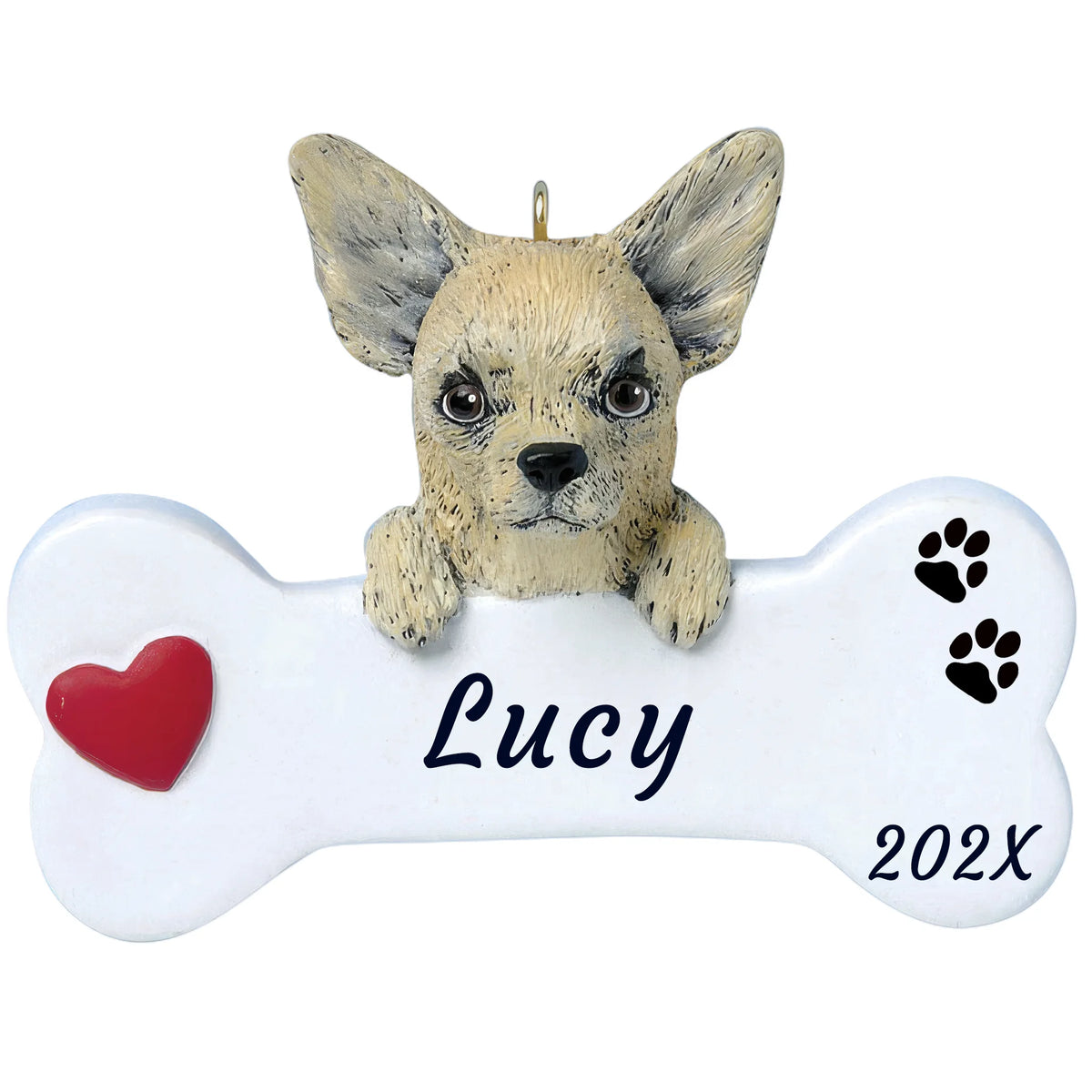 Personalized Chihuahua dog bone Christmas ornament, a fawn Chihuahua with big ears on a white bone, red heart, name and year