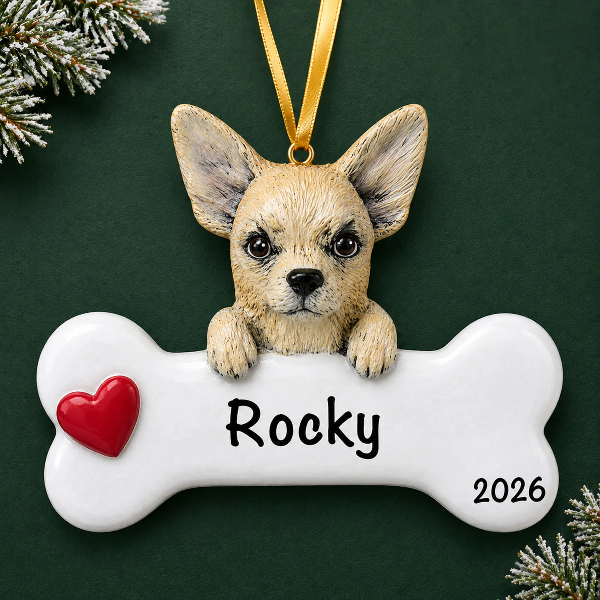 Personalized Chihuahua dog bone Christmas ornament, engraved with a name and year, on a green holiday backdrop