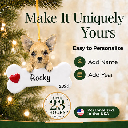 Personalized Chihuahua Christmas ornament with name and year options, ships in 23 hours, made in the USA