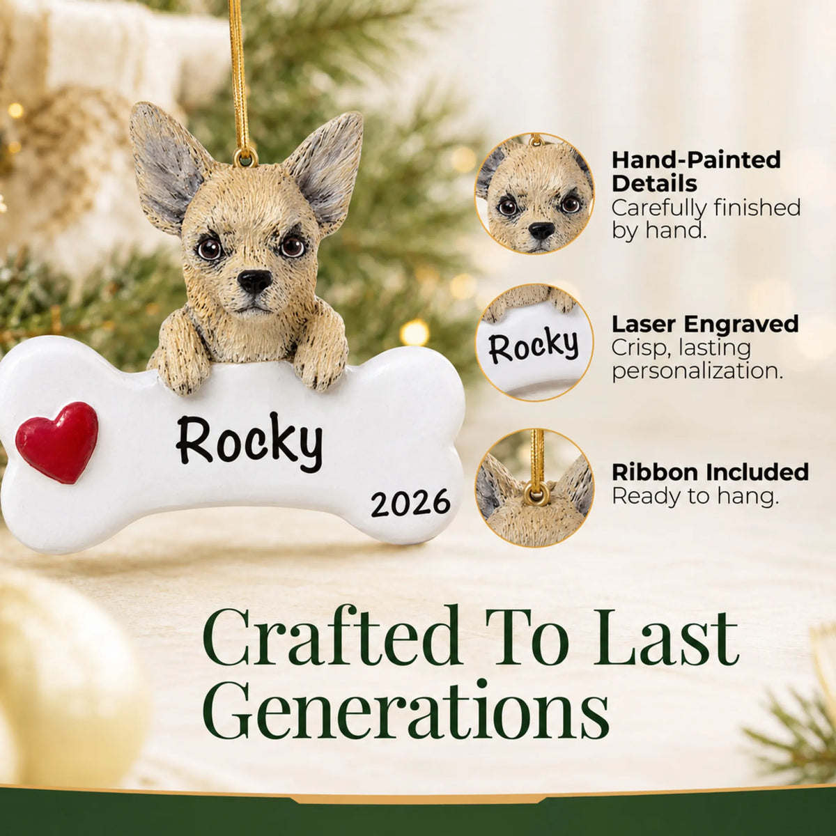 Close-up of the personalized Chihuahua Christmas ornament showing hand-painted details and laser engraving
