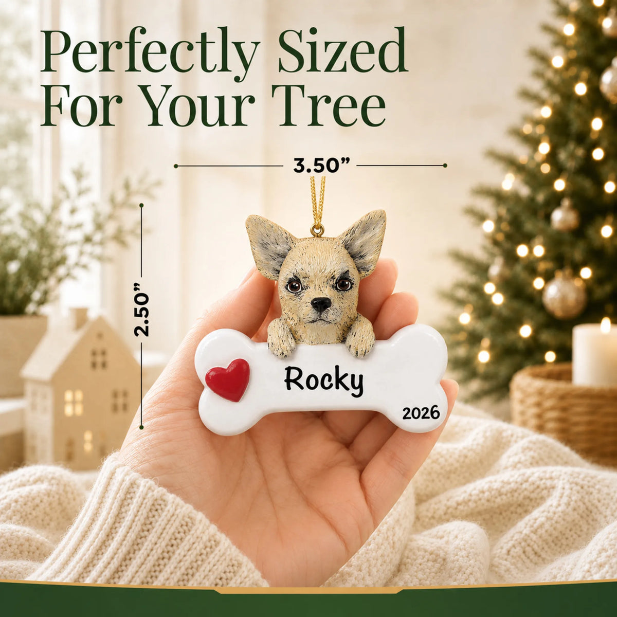 Hand holding the personalized Chihuahua Christmas ornament to show its 3.50 inch width