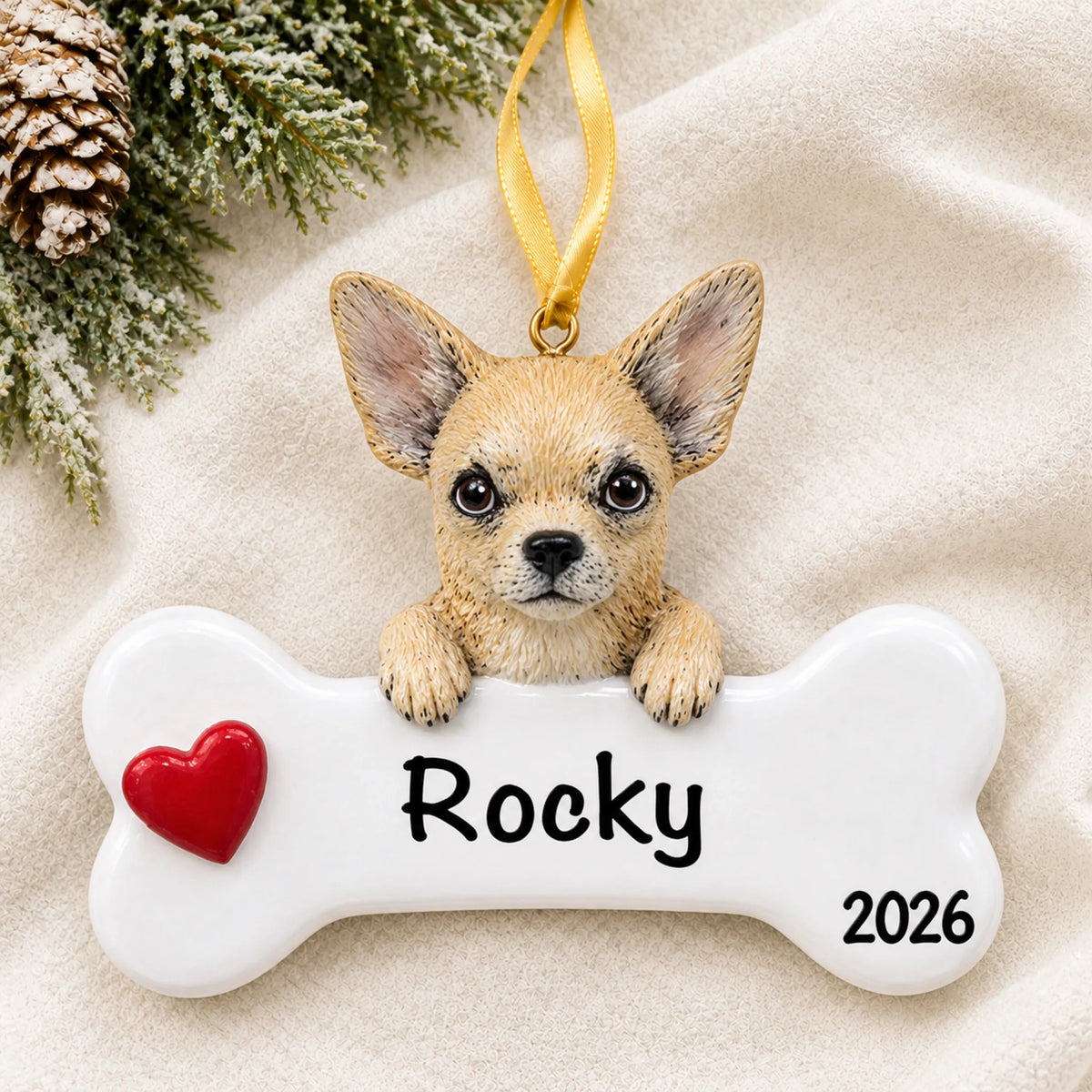Personalized Chihuahua dog bone Christmas ornament resting on a soft white blanket with pine and pinecones