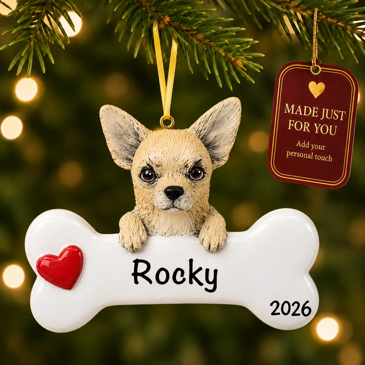 Personalized Chihuahua Christmas ornament hanging on a lit tree beside a Made Just For You tag
