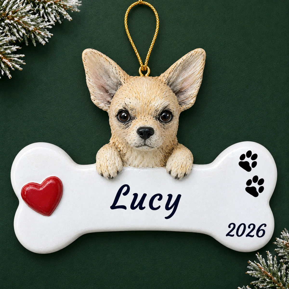 Personalized Chihuahua Dog Bone christmas ornament on a dark green pine background