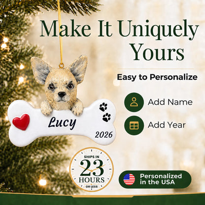 Make it yours: personalize the Chihuahua Dog Bone christmas ornament with your dog's name and the year