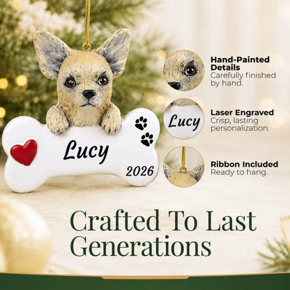 Hand-painted, laser engraved Chihuahua Dog Bone christmas ornament, ribbon included