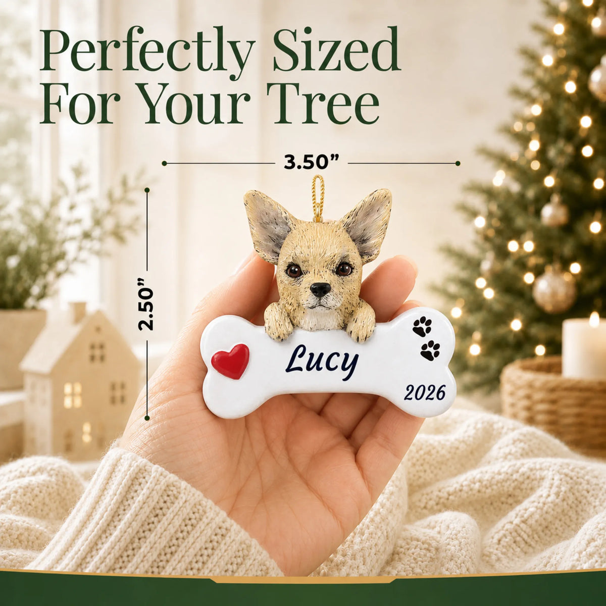 Size guide: the personalized Chihuahua Dog Bone christmas ornament is 3.50 in wide by 2.50 in tall, shown in hand