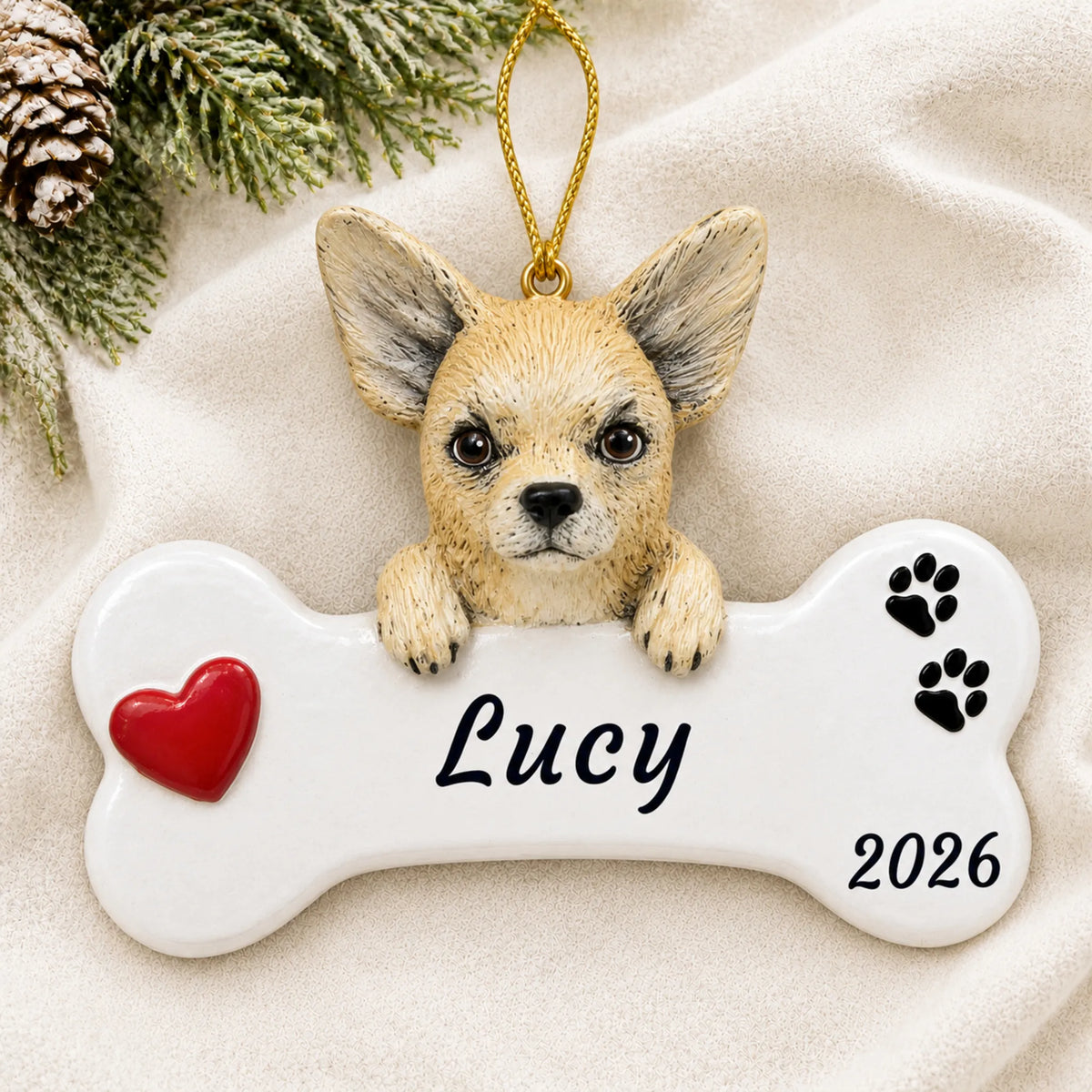 Personalized Chihuahua Dog Bone christmas ornament laid on a soft white knit blanket