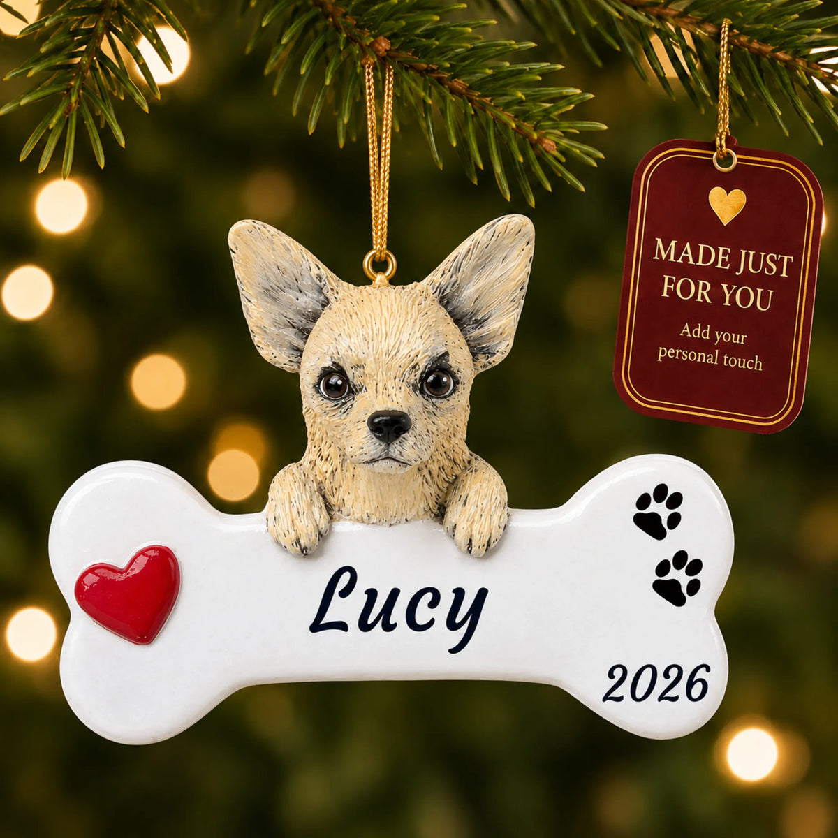Chihuahua Dog Bone christmas ornament hanging on a lit Christmas tree with a Made Just For You gift tag