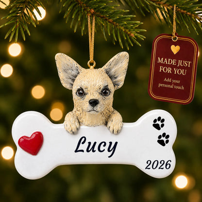 Chihuahua Dog Bone christmas ornament hanging on a lit Christmas tree with a Made Just For You gift tag