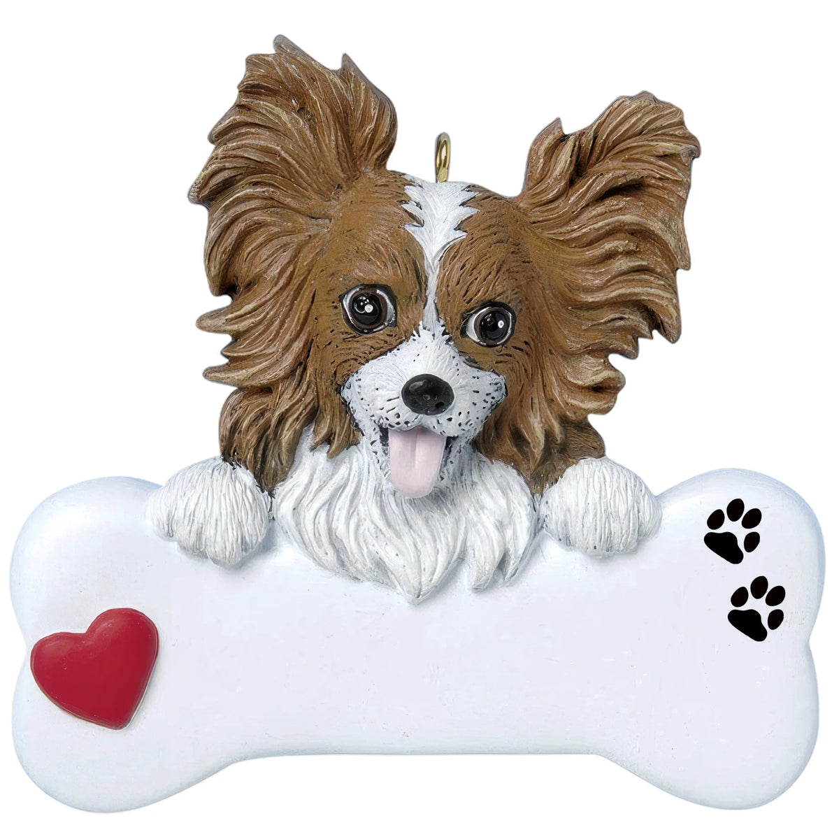Personalized papillon dog bone Christmas ornament shown blank, ready for your dog's name and year
