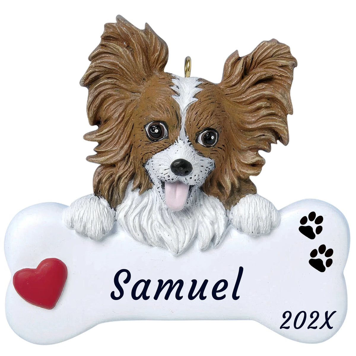 Personalized papillon dog bone Christmas ornament, a papillon with butterfly ears on a white bone, red heart, name and year