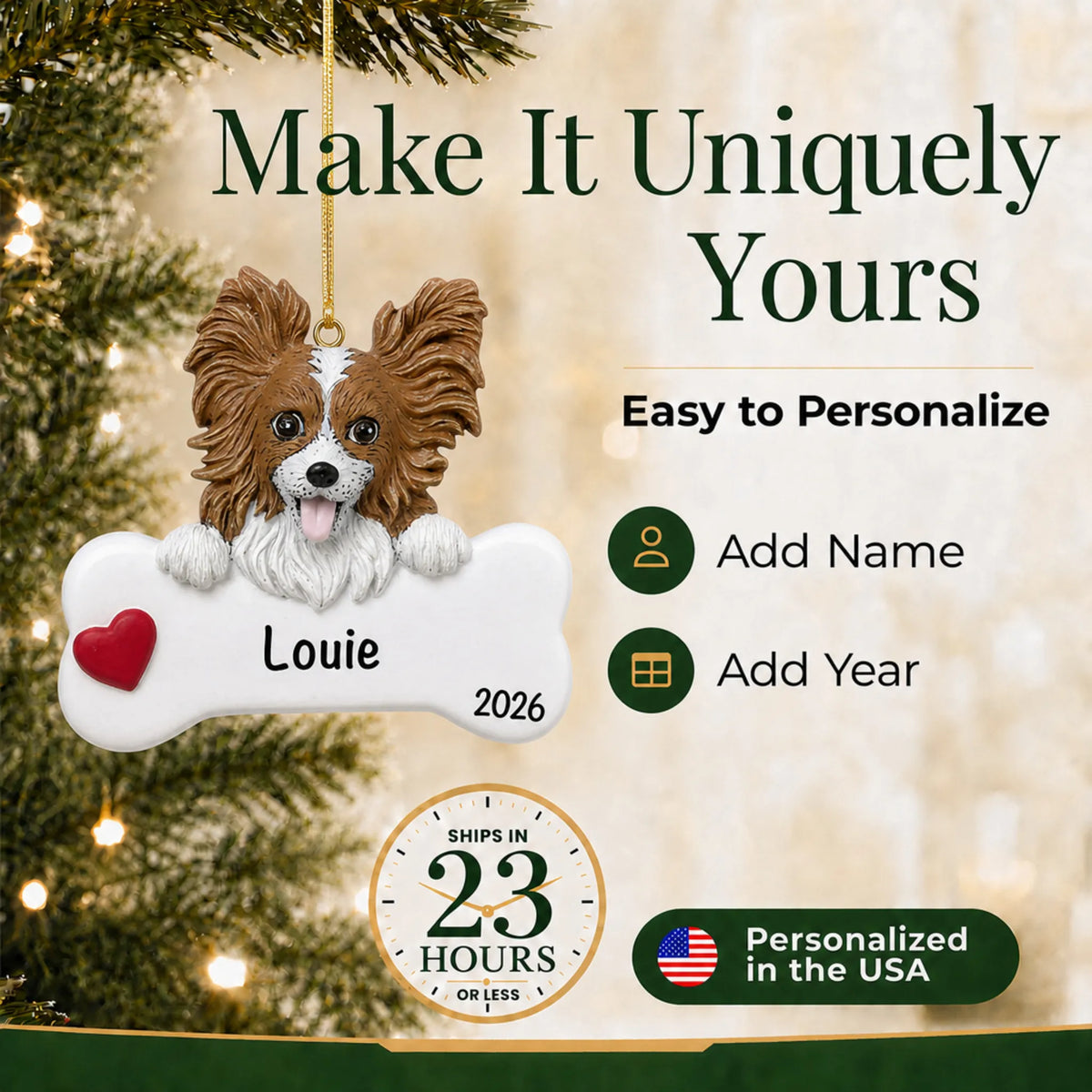 Personalized papillon Christmas ornament with name and year options, ships in 23 hours, made in the USA