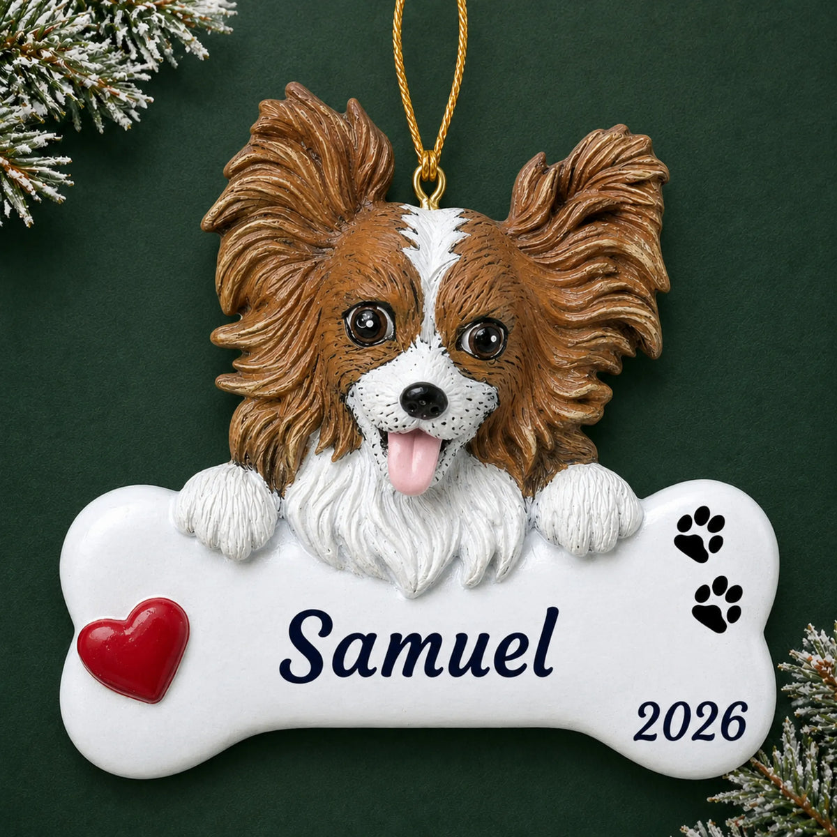 Personalized Papillon Dog Bone christmas ornament on a dark green pine background