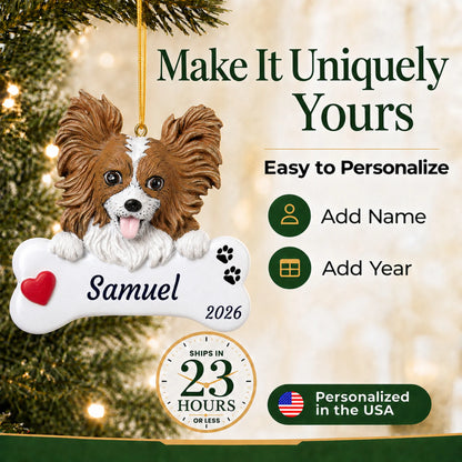 Make it yours: personalize the Papillon Dog Bone christmas ornament with your dog's name and the year