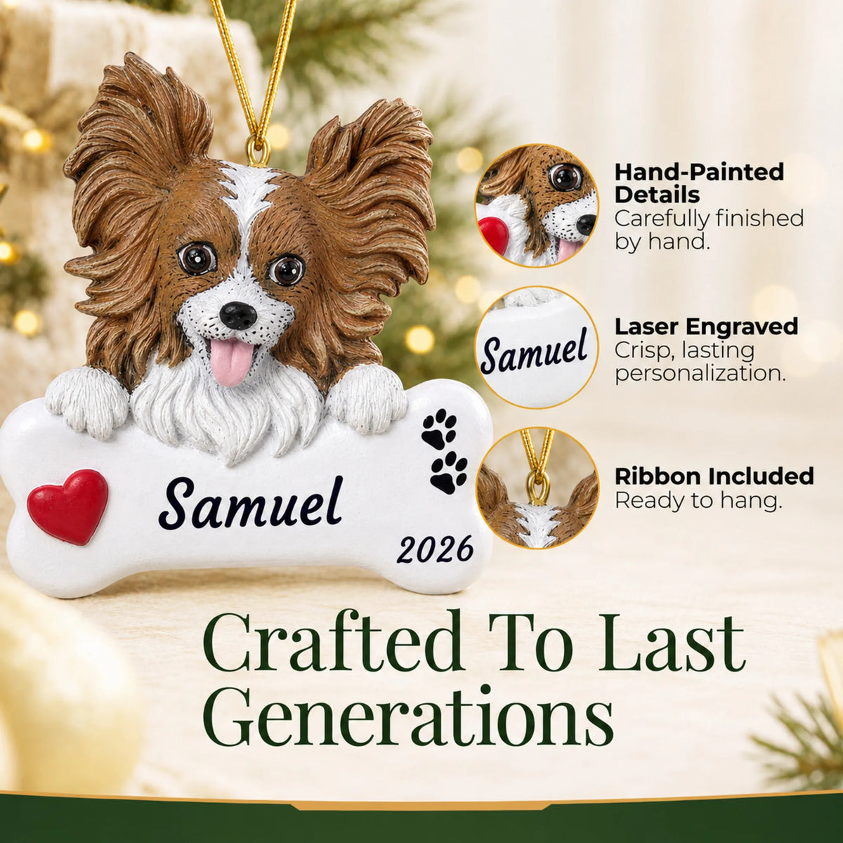 Hand-painted, laser engraved Papillon Dog Bone christmas ornament, ribbon included