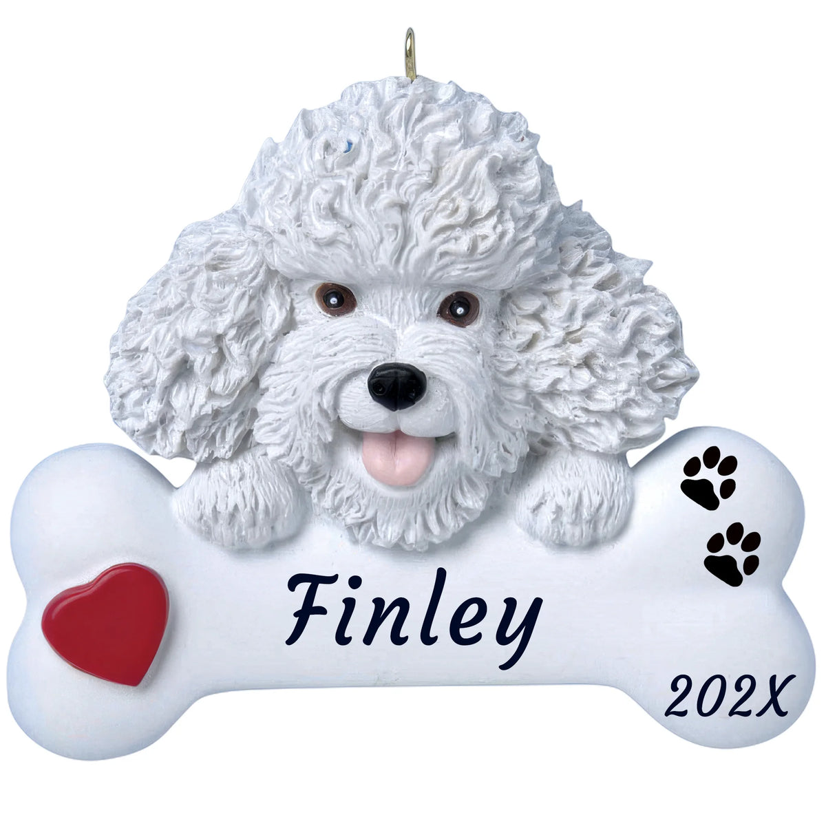 Personalized Bichon Frise dog bone Christmas ornament, a fluffy white Bichon on a white bone, red heart, name and year
