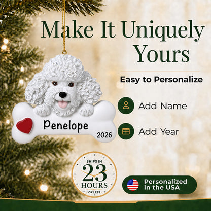 Personalized Bichon Frise Christmas ornament with name and year options, ships in 23 hours, made in the USA
