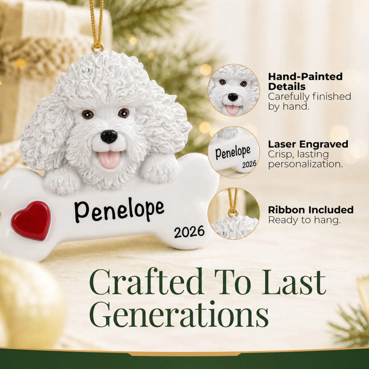 Close-up of the personalized Bichon Frise Christmas ornament showing hand-painted details and laser engraving