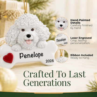 Close-up of the personalized Bichon Frise Christmas ornament showing hand-painted details and laser engraving