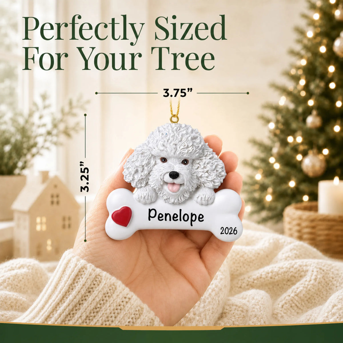 Hand holding the personalized Bichon Frise Christmas ornament to show its 3.75 inch width