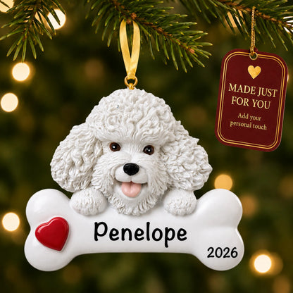 Personalized Bichon Frise Christmas ornament hanging on a lit tree beside a Made Just For You tag
