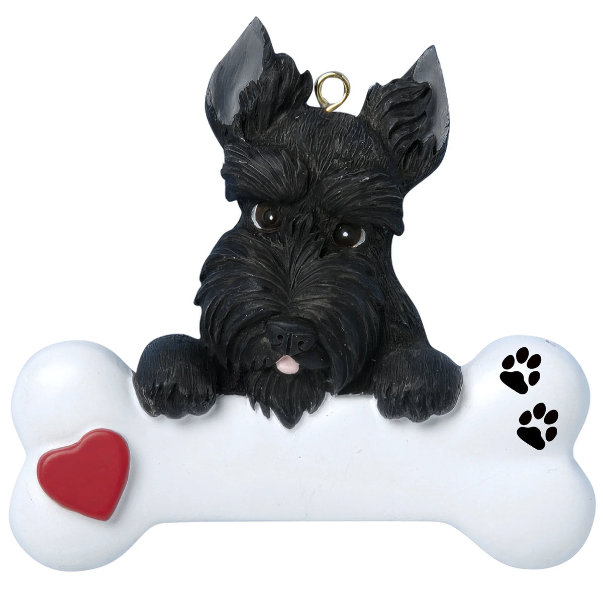 Personalized Scottie dog bone Christmas ornament shown blank, ready for your dog's name and year
