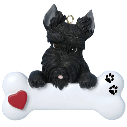 Personalized Scottie dog bone Christmas ornament shown blank, ready for your dog's name and year