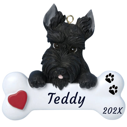 Personalized Scottie dog bone Christmas ornament, a black Scottish terrier on a white bone, red heart, name and year